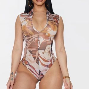 Brown marble print mesh collar detail sleeveless